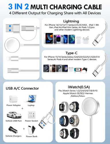 Vista 2 de Esenciales de viaje para cargador de Apple Watch, cargador de iPhone, cable de carga de viaje 3 en 2 tipo C/Lightning/magnético, cable de carga