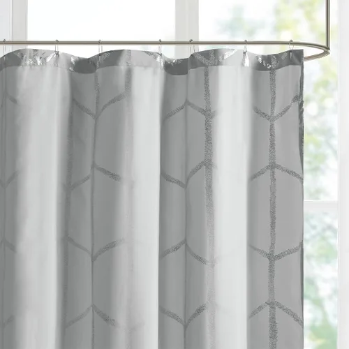 Vista 5 de Intelligent Design - Cortina de ducha Raina, estampado geométrico, lavable a máquina, moderna, para el cuarto de baño, estilo metalizado Gris