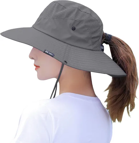 Vista 8 de Sombrero de cola de caballo para mujer, ala ancha, protección UV, malla para playa, pesca, jardinería