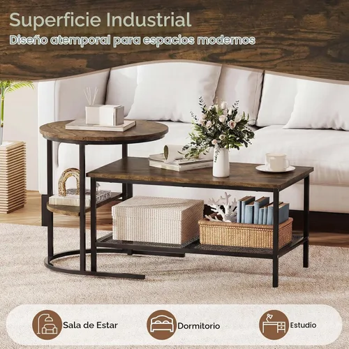Vista 6 de Giantex Juego de 2 mesas auxiliares anidadas, mesa rectangular desmontable y mesa redonda con veta de madera, marco de metal dorado resistente, mesa
