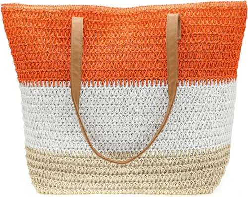 Vista 51 de Bolso grande de paja para mujer, tejido de ratán, bolso de playa de verano, a rayas