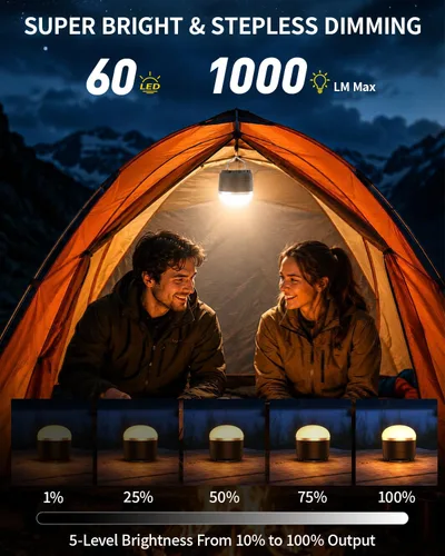 Vista 3 de Linterna LED recargable para campamento, 1000 lúmenes, luz súper brillante para tienda de campaña con batería de 4000 mAh, hasta 110 horas de tiempo