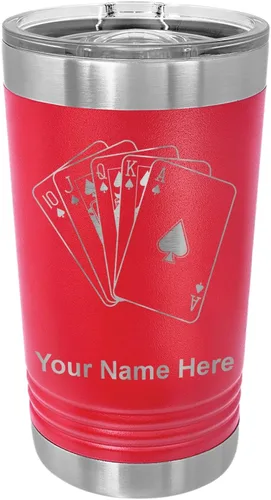 Vista 15 de LaserGram Vaso de pinta aislado al vacío de 16 onzas, tarjetas de póquer Royal Flush con grabado personalizado incluido (negro)