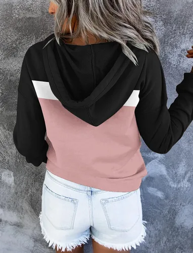 Vista 3 de Sudaderas casuales con capucha de bloque de color para mujer, de manga larga, con botones, cordón y bolsillo, negro, (1#BlackPP)
