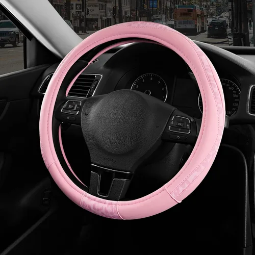 Vista 9 de Road Comforts Funda para volante, cubierta de volante de parte inferior plana hecha con piel de PVC y tela de leopardo, ajuste universal