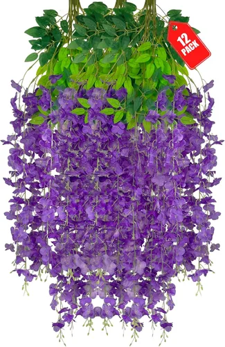 Vista 67 de Paquete de 12 flores colgantes de glicina rosa, flores colgantes falsas de 3.44 pies, guirnalda de glicina artificial para decoración de boda, telón