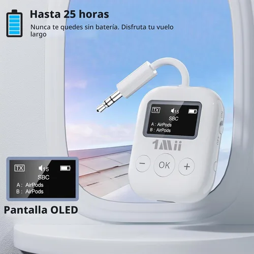 Vista 5 de 1Mii Transmisor Bluetooth 5.3 para Avión para Todos los Auriculares - Adaptador Bluetooth para TV - Conexión Dual - aptX Baja Latencia - Viaje
