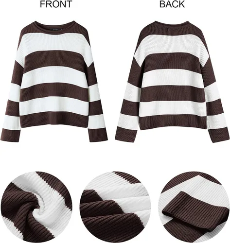Vista 98 de ZESICA Suéter tejido sin botones de manga larga y cuello redondo, a rayas, bloques de color, cómodo, holgado, talla extragrande para mujer de 2024
