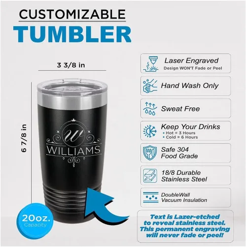 Vista 3 de Vasos de café personalizados con monograma con inicial y nombre, 20 onzas, grabado con láser en acero inoxidable aislado al vacío, taza de viaje