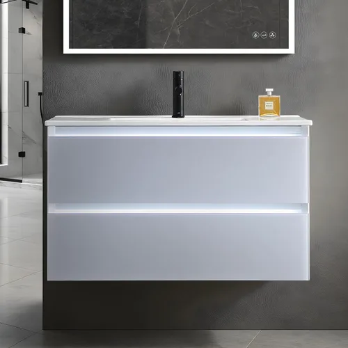 Vista 19 de Blossom Tocador de baño LED de 24 pulgadas – Tocador flotante montado en la pared con luces – 100% impermeable PVC de grado marino – Moderno