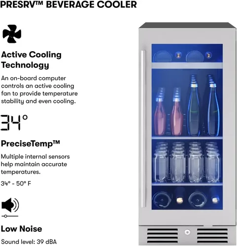 Vista 2 de Zephyr Presrv - Refrigerador delgado de vino y bebidas de 15 pulgadas, zona única bajo encimera, mini enfriador de vino estrecho, pequeño gabinete