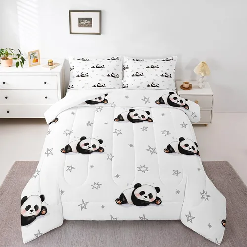 Vista 6 de Feelyou Juego de edredón de panda de dibujos animados para niños, edredón de animales lindos para niños y niñas, juego de ropa de cama kawaii panda