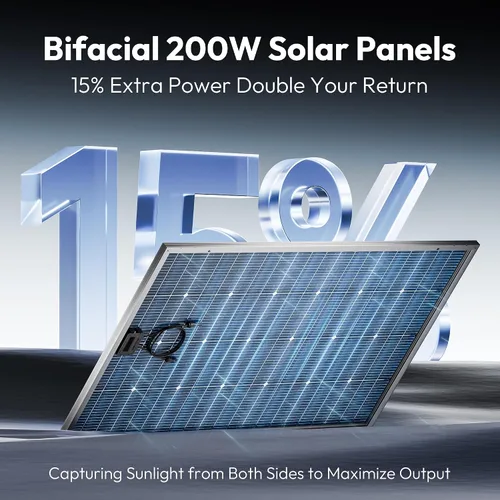 Vista 2 de Epoch Paneles solares biaciales de 200 W, panel solar monocristalino de 16 BB de 12/24 voltios, módulo solar impermeable de alta eficiencia