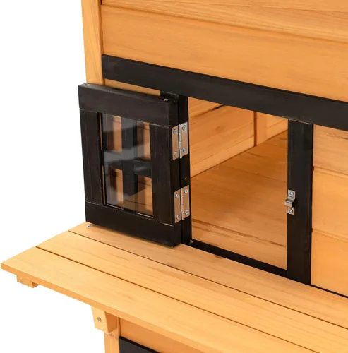 Vista 7 de 3-Tier Modular Cat House: Asphalt Roof, Lifted Floor, Escape Door + Jump Platforms, Yellow/Black Finish, 38.5x27x48in, Fir Construction, 10lb