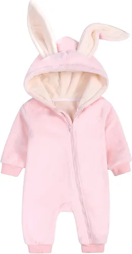 Vista 2 de Mono de forro polar para bebé, con orejas de conejo, lindo traje de invierno, traje de nieve con cremallera frontal para niñas