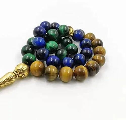 Vista 4 de Tasbih musulmán amarillo azul verde ojo de tigre piedra rosario islámico cuentas joyería turca misbaha (0.315 in x 33 cuentas)