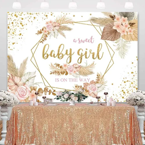 Vista 2 de Sensfun Telón de fondo bohemio para baby shower con texto en inglés "It's A Girl", fondo de fotografía de baby shower, rosa rubor, floral, hierba