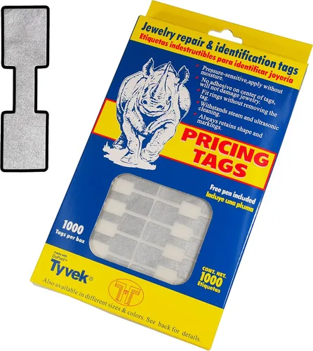 Vista 5 de Etiquetas de reparación de joyas, precio e identificación Rectángulo plateado 500pcs Tyvek autoadhesivo para anillos, pulseras, collares, colgantes