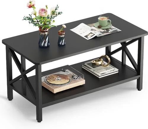 Vista 9 de WLIVE - Mesa de café con estante de almacenamiento, mesa de café granja de 39.4" con soporte en V, mesa de centro rústica de 2 niveles para sala