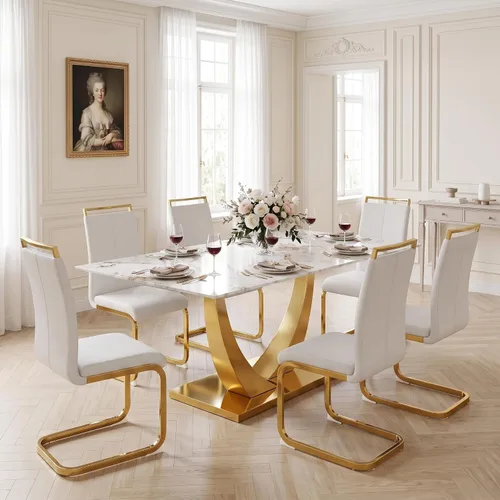 Vista 37 de Juego de mesa de comedor blanca para 6, 71 pulgadas, juego de mesa de comedor de mármol sintético para 6 Modern Dining Table Set for 6, Black PU