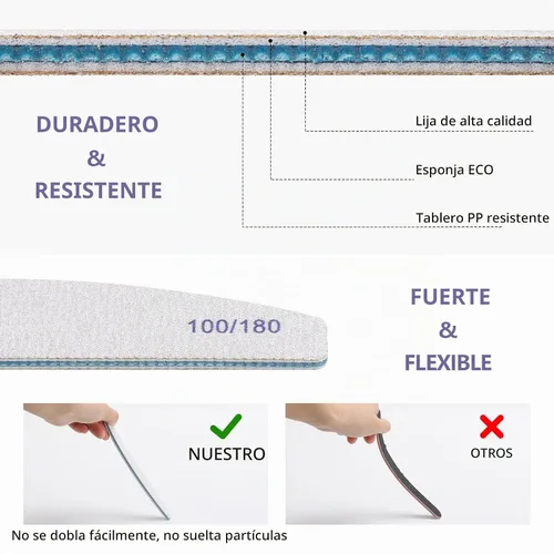 Vista 2 de Paquete de 25 limas de uñas de grano 100/180 profesionales de doble cara, lima de uñas curvadas lavables para uñas de gel y uñas acrílicas, uso