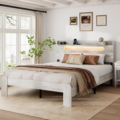 Vista 3 de Base de cama de madera tamaño Queen con cabecera de almacenamiento