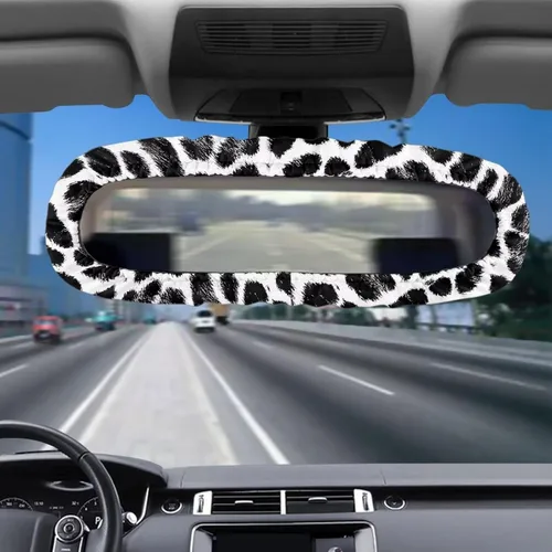Vista 3 de Funda para espejo retrovisor de automóvil con estampado de vaca negro, protector de espejo retrovisor automático elástico