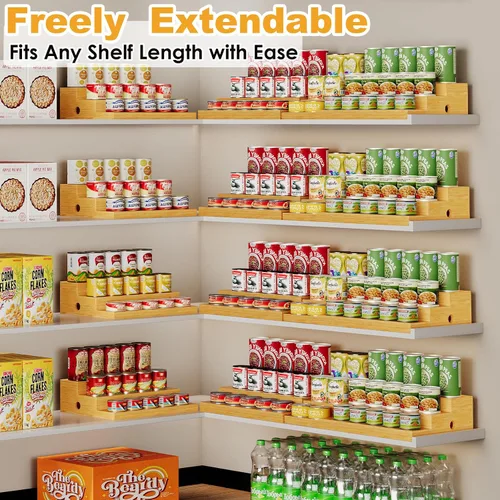 Vista 6 de Estante para latas de bambú extensible extra largo de 3 niveles para despensa, organizador de latas de despensa ajustable, gran capacidad