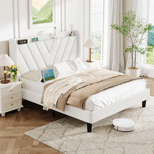 Vista 21 de koorlian Marco de cama tamaño matrimonial, Marco de cama tamaño matrimonial con cabecero, Marco de cama tapizado ajustable con puerto tipo C y USB