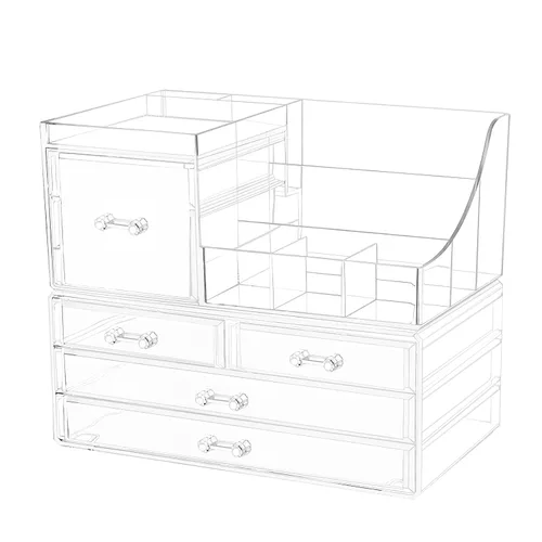 Vista 6 de Cq acrylic Paquete de 1 organizador de maquillaje transparente, apilable con 1 cajón, organizador de cuidado de la piel, lindo organizador