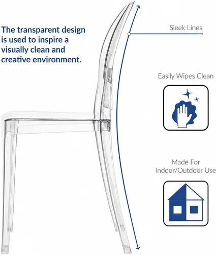 Vista 5 de 2xhome Juego de 4 sillas auxiliares apilables de mediados de siglo, modernas, transparentes, fantasma, comedor, Victoria cristal transparente