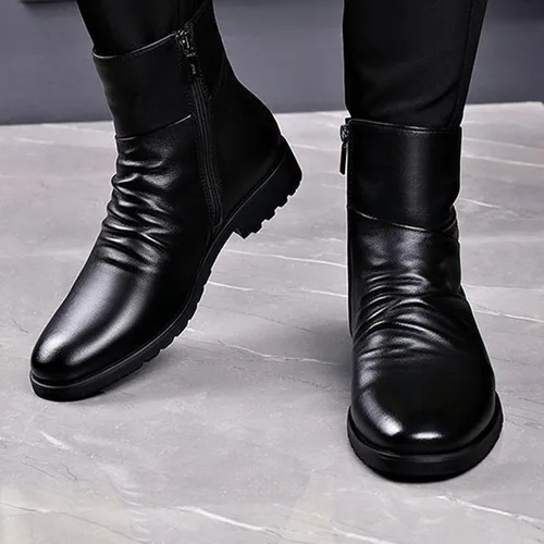 Vista 6 de Botines de vestir de cuero negro para hombre, botas cortas casuales de negocios con cremallera para otoño e invierno 2023