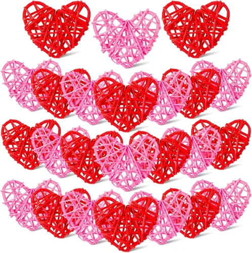 Vista 8 de 24 bolas de ratán en forma de corazón de San Valentín de 2.36 pulgadas, rellenos de tazones de jarrón de corazón, decoración de ratán de mimbre