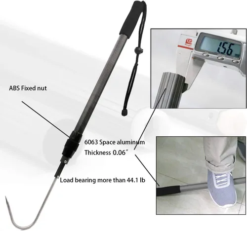 Vista 6 de SAN LIKE Garfio de pesca telescópico de aluminio/fibra de vidrio con mango de goma antideslizante Gancho de acero inoxidable con tornillo M8