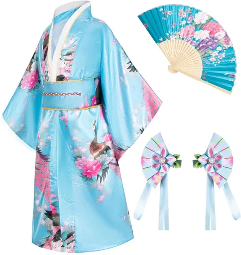 Vista 13 de Vestido tradicional japonés Kimono Bata para niñas, disfraz Tipo1-azul
