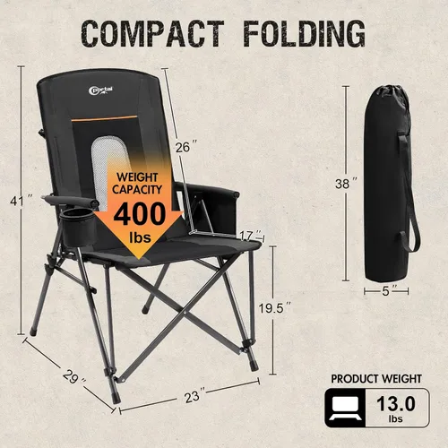 Vista 3 de PORTAL Silla de camping plegable extra grande con respaldo alto, sillas de césped portátiles para adultos, deportes al aire libre con apoyabrazos