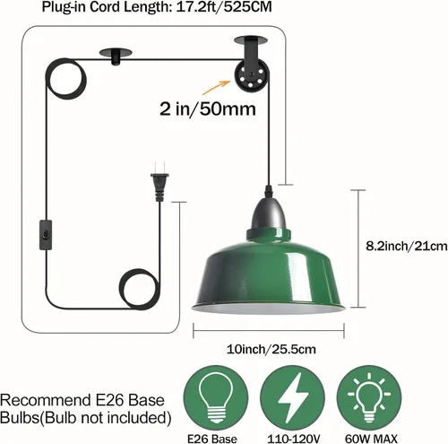Vista 7 de Lámpara Colgante Enchufable, Luces Colgantes de Granja Verdes con Cable Enchufable, Lámpara Colgante de Polea, Accesorio de Luces Colgantes