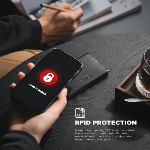 Vista 5 de VULKIT Portafolios de cuero con bloqueo RFID delgado minimalista con cierre magnético tarjetero de tarjetas de crédito con bolsillo frontal, Negro