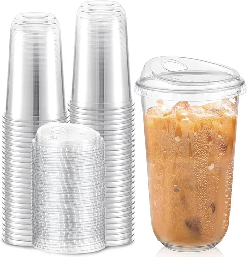 Vista 14 de Baderke 100 vasos de plástico con tapas para sorber, fondo redondo, vasos de café de plástico desechables con tapas, tazas de cristal transparentes