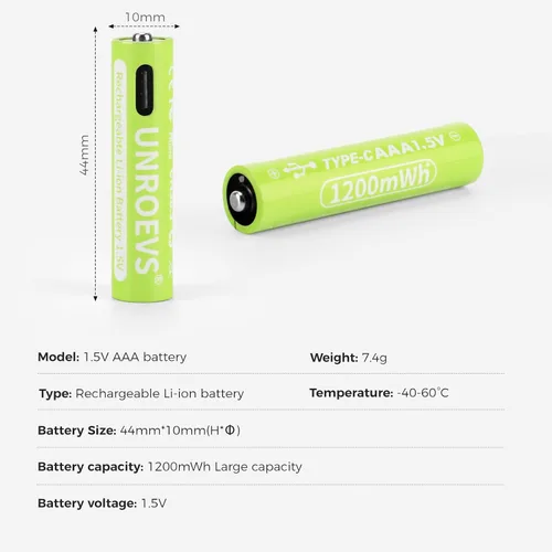 Vista 4 de UNROEVS Baterías recargables AAA USB-C, 1.5 V 1200 mWh, batería de litio AAA recargable triple A, larga duración, carga rápida para linternas