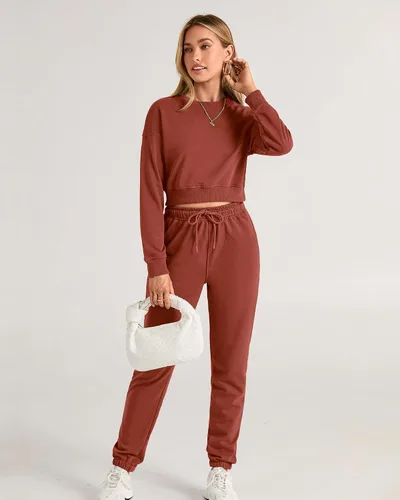 Vista 23 de BTFBM Conjunto deportivo de 2 piezas para mujer, camiseta corta de manga larga, sin botones, pantalón con cordón ajustable, pantalones deportivos