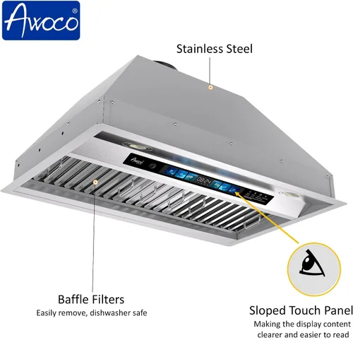 Vista 5 de Awoco Campana extractora de 30 pulgadas, campana de cocina integrada con 800 CFM, control de voz/gestos/táctil, campana de estufa de acero