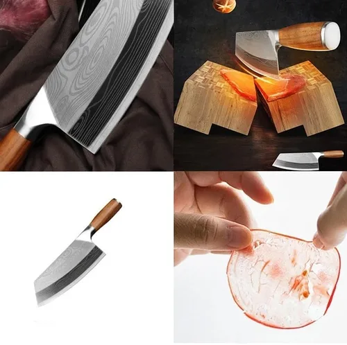 Vista 6 de Cuchillo de carnicero de carne, cuchillo de cocina de 7.5 pulgadas con patrón láser de damasco, cuchillo de chef chino de acero inoxidable, cuchillo