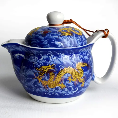Vista 2 de Porcelain Teapot 12oz Chinese Dargon Waves Pattern Stainless Mash Infuser for Loose Tea (Blue)