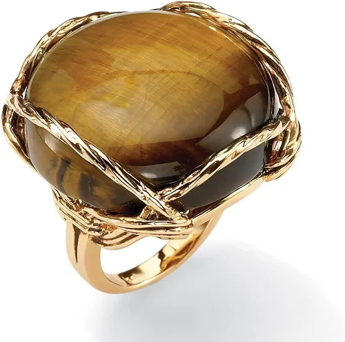 Vista 4 de Anillo de almohada de ojo de tigre marrón genuino chapado en oro amarillo de 14 quilates