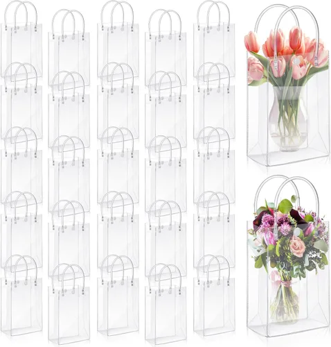 Vista 7 de LEIFIDE 50 bolsas de regalo de plástico transparente con asas, de PVC, reutilizables, transparentes, bolsas para dulces, escuela, fiesta