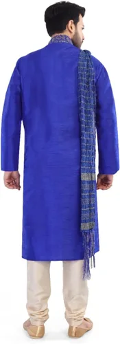 Vista 4 de MKP9007 - Pijama Kurta para hombre azul y marfil, traje indio de Bollywood Sherwani, Azul Patchwork