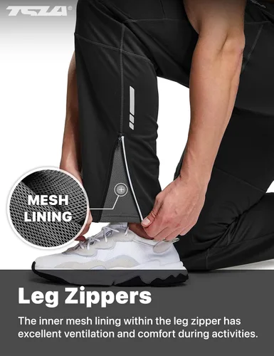 Vista 4 de TSLA Pantalones de ciclismo térmicos a prueba de viento para hombre, pantalones de ciclismo con forro polar, pantalones de ciclismo para exteriores