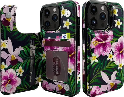 Vista 7 de Funda de piel con tapa para tarjetas compatible con iPhone 13 Pro de 6.1 pulgadas, para mujeres y niñas con tarjetero con función atril, doble