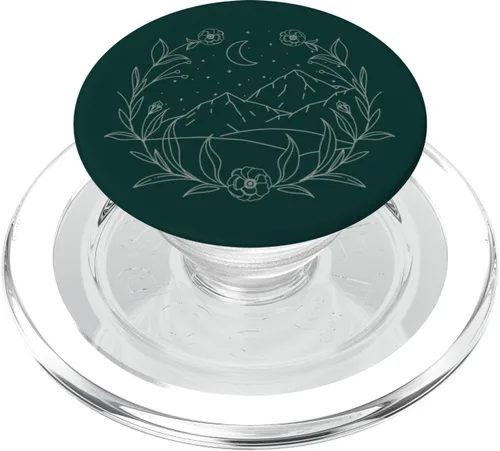 Vista 8 de Boho Mountain Moon Night Botánico Floral (verde bosque) PopSockets PopGrip estándar